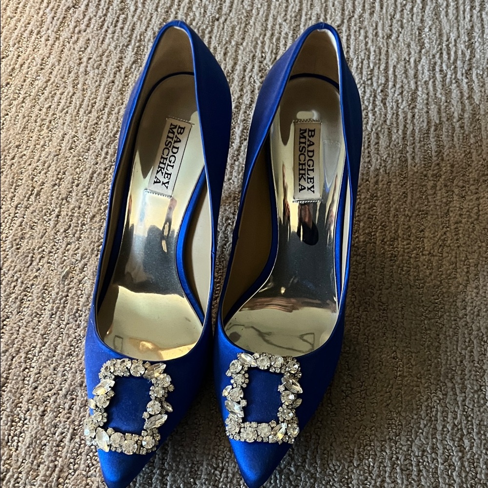 Badgley Mischka Royal Blue Satin Heels with Crystal Buckle